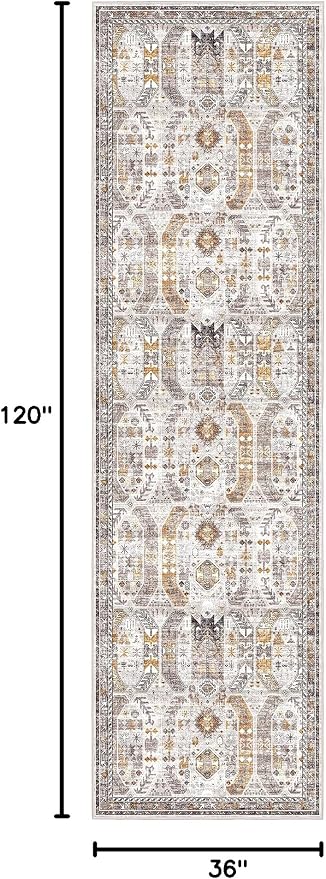 Madane Hallway Runner Rug 3x10 Washable Kitchen Runners 10ft, Brown/Gold | Vintage Non-Slip Entryway Area Rugs Indoor, Low-Pile Farmhouse Wide Floor Carpet for Bathroom Living Room Bedroom