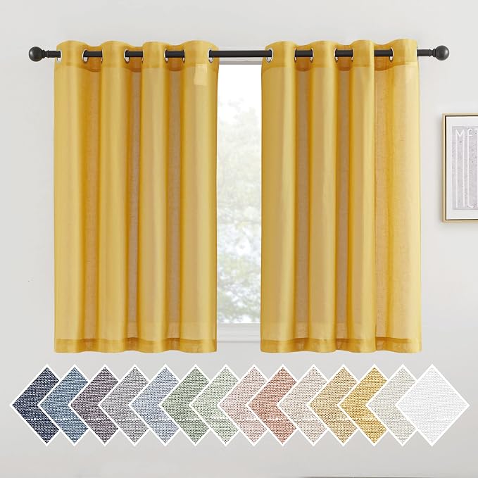 NICETOWN Kitchen Curtains 45 inch Length, Grommet Short Curtains Semi Sheer Linen Drapes Privacy with Light Filtering for Bedroom/Basement, Citrine, W52 x L45, 2 Panels