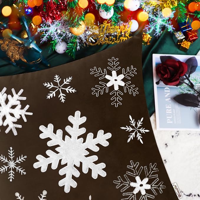 BRAWARM Christmas Pillow Cover 18 X 18 Inches, Coffee Snowflake Embroidered Pillow Cover, Soft Velvet Decorative Throw Pillow for Couch Bed Sofa Living Room Home