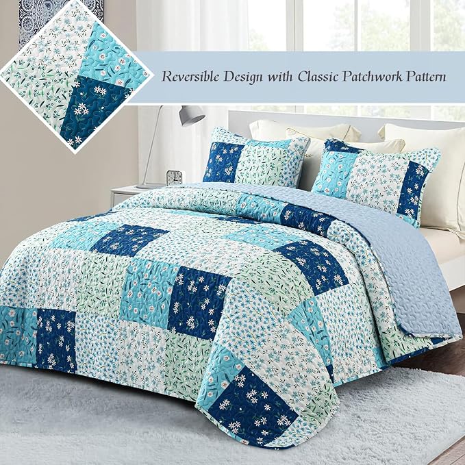 Whale Flotilla Patchwork Quilts Queen Size, Extra Soft Floral Bedspreads | Blue Reversible Lightweight Full Queen Quilt Bedding Set for Bed, Printed Coverlets with 2 Pillow Shams for All Seasons