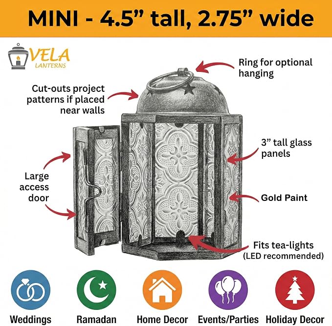 VELA LANTERNS Mini Moroccan Tea Light Candle Holder Lanterns – 4.25" Small Decorative Lantern for Table or Hanging, Metal with Glass Panels – Ramadan, Wedding, Home Decor, Gold (Set of 4)