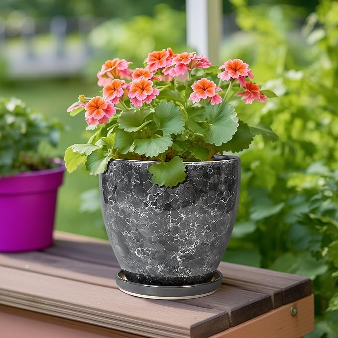 Ceramic Pots for Plants - 6 Inch Ceramic Planter with Drainage Hole and Saucer, Modern Planters for Indoor Outdoor Plants, Round Planter, Home Garden Decor, Plant Lover Gifts, Grey