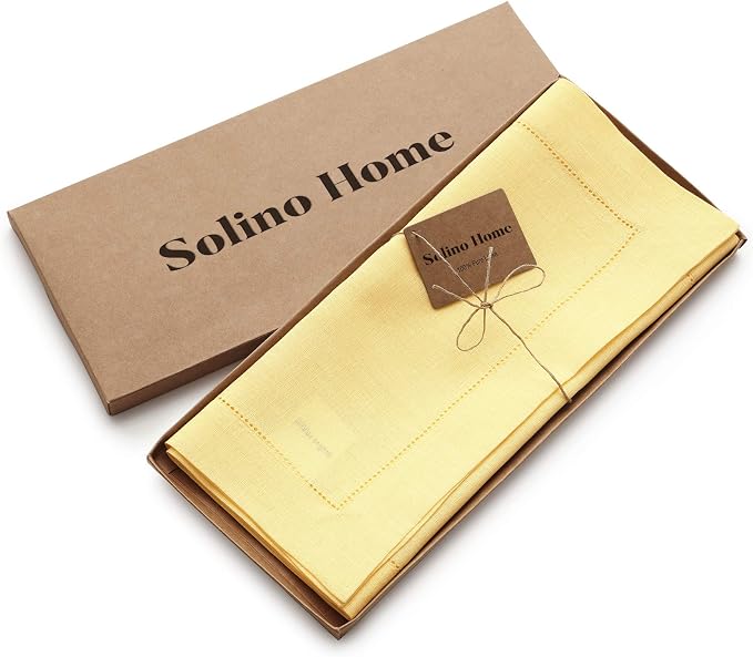 Solino Home 100% Linen Table Runner Yellow, Classic Hemstitch 14 x 72 in | a graceful centrepiece for dining and gatherings, hemstitched border, mitered corners, machine washable, OEKO-TEX Certified