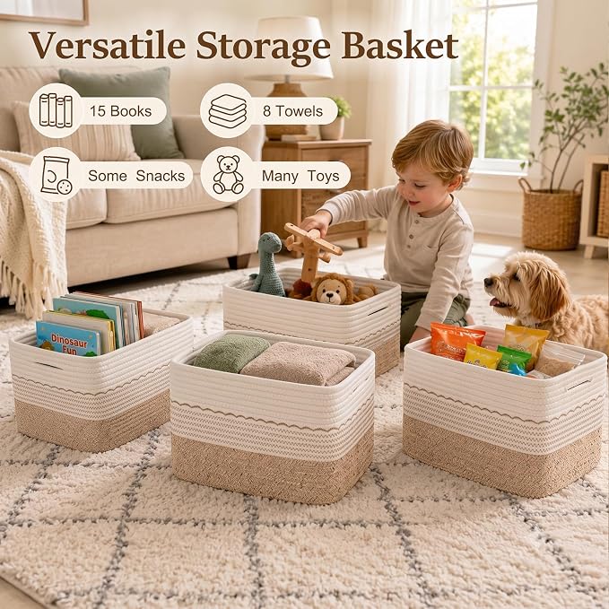 OIASKET 4 Pack Storage Baskets for Organizing, 13"X9"X7.87", Decorative Cotton Rope Baskets for Shelves, Small Woven Basket for Toys, Books and Towels, Brown & White
