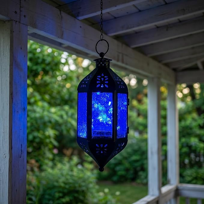 Vela Lanterns Hanging Moroccan Lantern with LED Twinkle Fairy Lights - Exotic Decorative Patio & Porch Decor, Indoor Outdoor Candle Lamp Holder with Chain (13" Large, Cobalt Blue Glass)