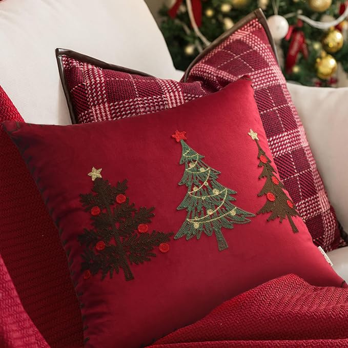 Christmas Tree Pillow Covers 18x18 Inch Red Embroidered Tree Throw Pillows for Holiday Decorations - Cushions for Couch, Sofa, Bed, Living Room, Bedroom