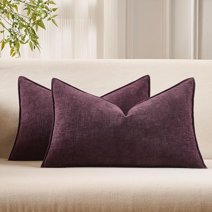 JUSPURBET 16x24 Throw Pillow Covers Set of 2 Decorative Pillow Covers for Couch Sofa Bed Cozy Chenille Lumbar Cushion Covers Cases with Invisible Zipper for Living Room Home Decor,Eggplant