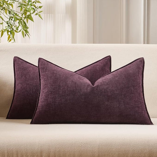 JUSPURBET 16x24 Throw Pillow Covers Set of 2 Decorative Pillow Covers for Couch Sofa Bed Cozy Chenille Lumbar Cushion Covers Cases with Invisible Zipper for Living Room Home Decor,Eggplant
