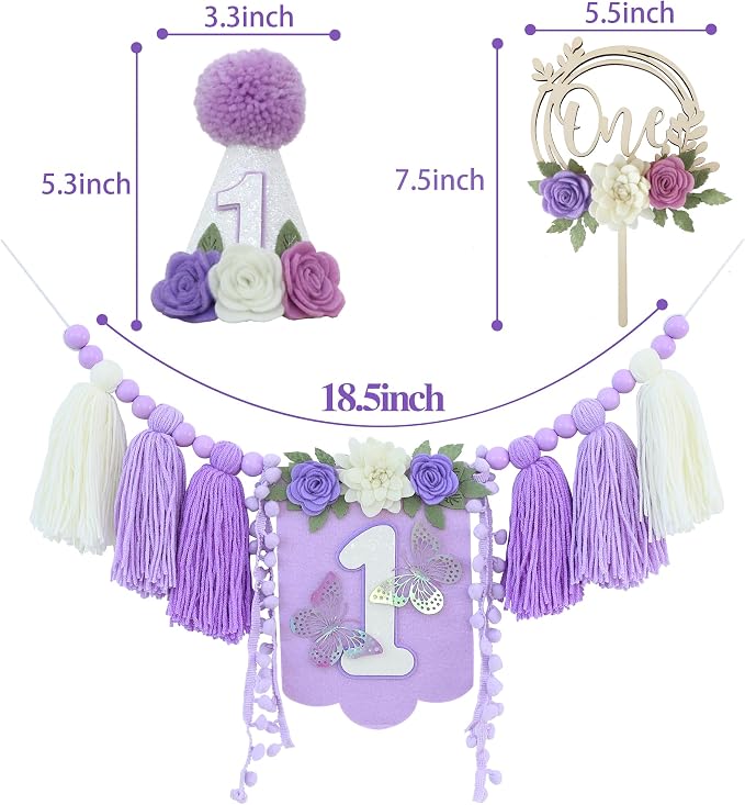 JUIIZAY Butterfly First Birthday Decorations for Girl Purple High Chair Banner One Flower Cake Topper Floral Hat 1st Birthday Decoration Supplies