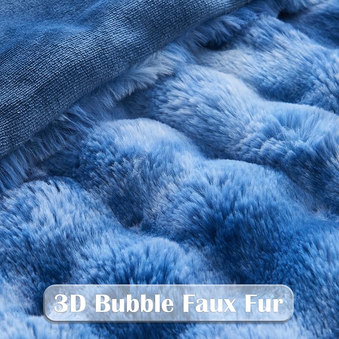 NEWCOSPLAY Faux Fur Bubble Twin Blanket for Couch, Tie-Dye Indigo, 60"x80" | Fluffy Soft Thick Warm Bubble Blanket for Couch Sofa Bed 700GSM, Plush Cozy Luxury Decorative Throw, Gift for Women Men