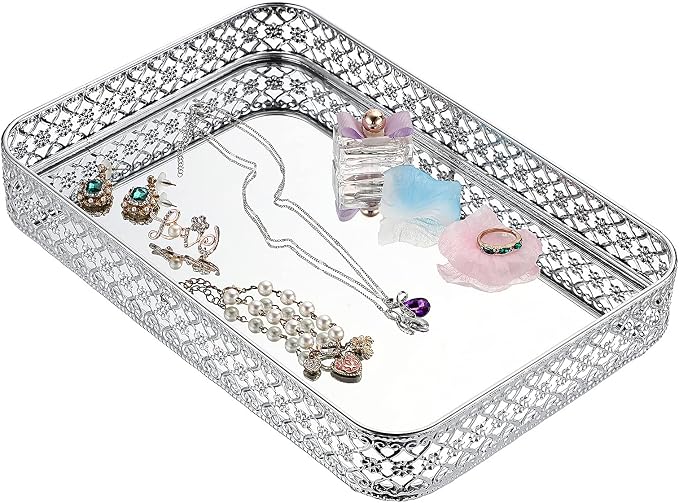 ELLDOO Silver Mirror Glass Perfume & Makeup Vanity Tray, Medium Size