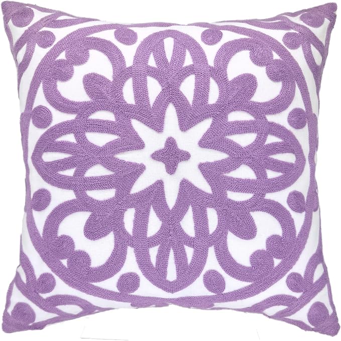 Alysheer Embroidered Decorative Throw Pillow Cover 18"x 18", Boho Mandala Modern Thick Embroidery Pattern Durable Cotton Canvas Soft Cushion Case for Sofa Couch Bed Living Room (Lilac Lavender)