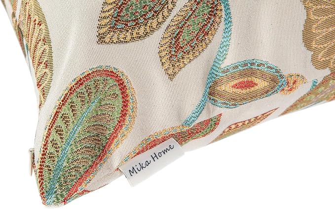 Mika Home Set of 2 Jacquard Tropical Leaf Pattern Oblong Throw Pillow Covers Accent Pillowcase 12X20 Inches,Teal Cream