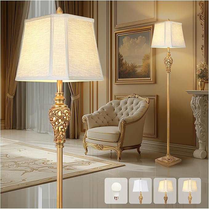 Vintage Farmhouse Floor Lamp with Nightlight, Antique Gold, 65" Tall