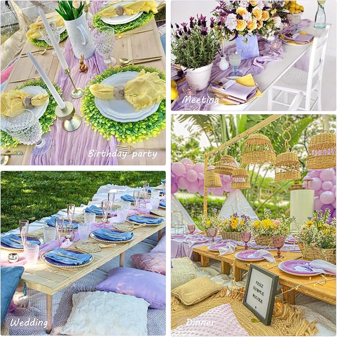 12 Pack 10Ft Cheesecloth Table Runner 35x120 Inch Boho Gauze Table Runner Cheese Cloth Long Table Runner Romantic Table Runner for Wedding Bridal Shower Birthday Party Table Decor (Light Purple)