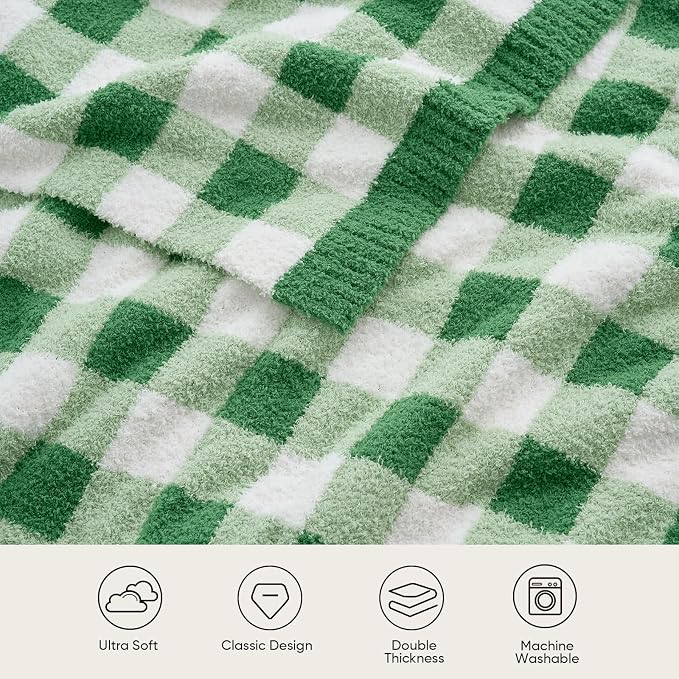 Snuggle Sac Buffalo Plaid Bedding Blanket Twin Size, Super Soft, Cozy Warm Knit Decorative Blankets, Reversible Plaid Fluffy Throws for Bed, Plaid Green, 60x80 Inches