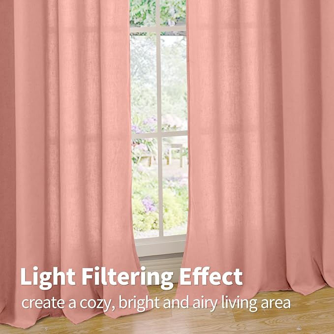 YoungsTex Dusty Rose Pink Linen Curtains 84 Inch Length for Living Room Spring, Blush Peach Semi Sheer Drapes with Grommet Light Filtering for Bedroom, 2 Panels, 52 X 84 Inch