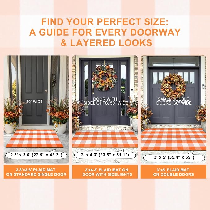 LEEVAN Halloween Door Mat, Orange Buffalo Plaid Fall Front Porch Decor Rug | 2'4" x 3'7" Layered Doormat, Washable Thanksgiving Checkered Welcome Door Mat for Entryway Kitchen Bathroom