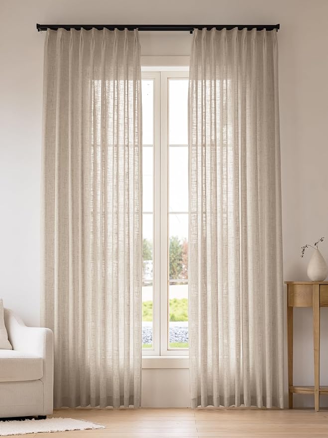 Liz Pinch Pleated Linen Curtains Light Filtering Curtains for Living Room, Farmhouse Window Curtains for Bedroom, Modern Drapes with Hooks and Rings, 95 Inches Long, Burlywood Birch, 2 Panels Set