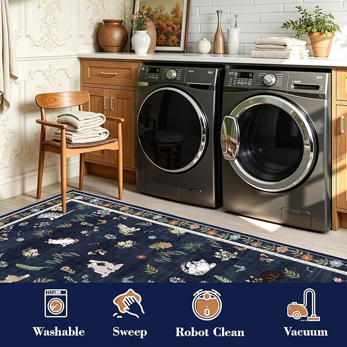 AIMPEAK 6x9 Washable Area Rug - Non Slip Low Pile Cat Floral Boho Vintage Carpet for Living Room, Bedroom, Farmhouse, Dining Room, Nursery, Girls Room, Kids Playroom, Navy Blue Multi