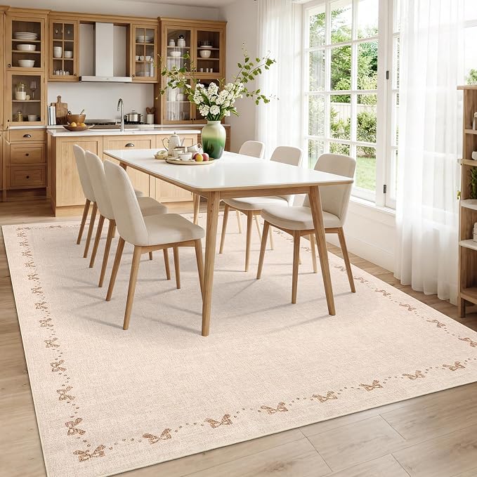 COZYLOOM Rugs for Living Room 4x6 Modern Bow Area Rugs for Bedroom, Solid Color Washable Area Rug with Non Slip Backing, Non Shedding Low Pile Carpet Stain Resistant Mats for Entryway Nursery, Beige