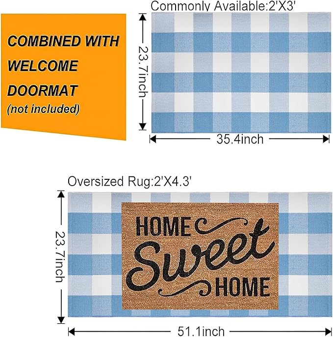 Front Porch Rug 24''x51''Light Blue and White Outdoor Rug Cotton Woven Washable Door Mat Outdoor for Layered Hello Welcome Door Mat Kitchen Farmhouse Entryway