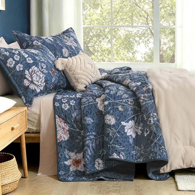 Litanika Floral Navy Quilt Queen - 3Pcs Botanical Birds Bedding Set | Blue Bedspread Summer Lightweight Soft Coverlet for All Seasons (96"x90")
