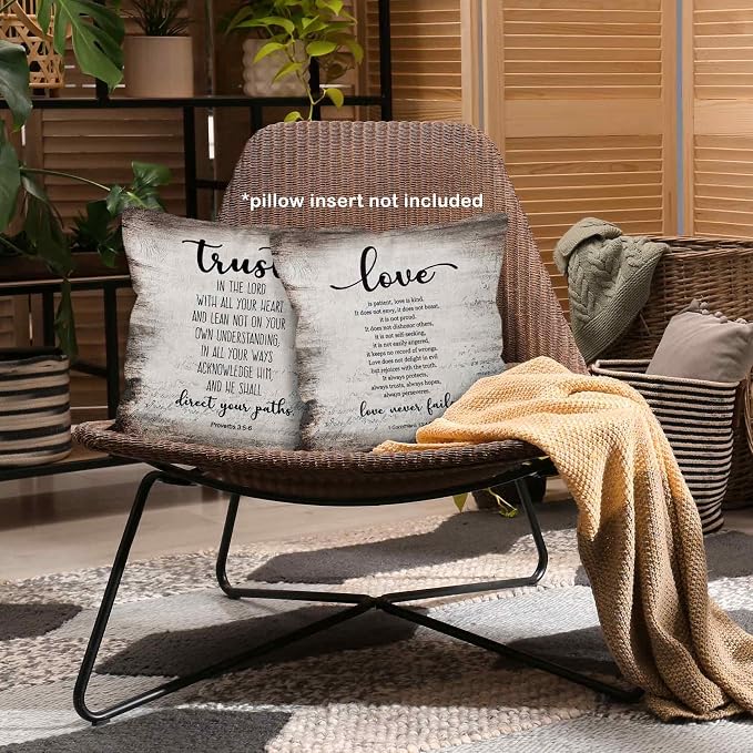 Christian Scripture Trust in the Lord Love is Patient Throw Pillow Covers 18x18 Set of 2, Bible Verse Proverbs Corinthians Decor Pillow Cases for Bedroom Living Room, Religious Pillowcases