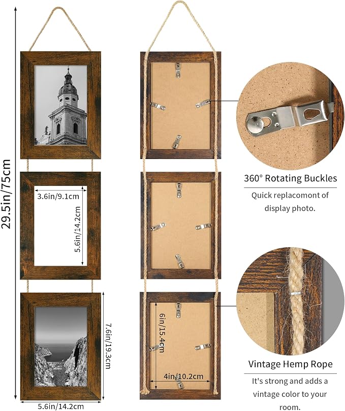 4x6 Collage Picture Frames Set of 2, Rustic Wooden Real Glass Vertical Hanging 3 Opening 4 by 6 Photo Frame, Brown