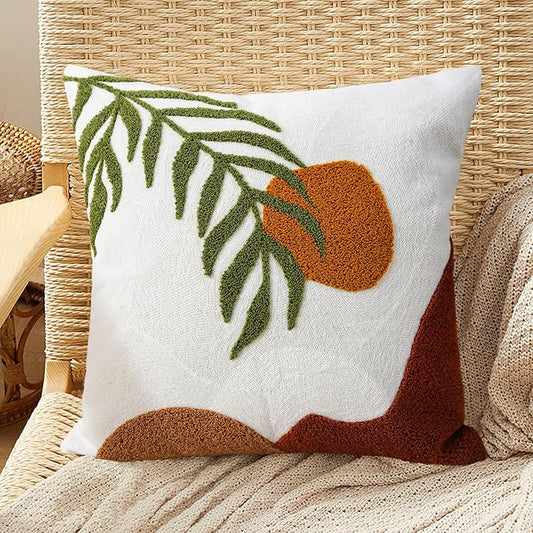 Merrycolor Boho Decorative Throw Pillow Covers 18x18 Tufted Green Decorative Pillows Covers Sun Leaf Mid Century Modern Throw Pillows for Bed Couch Sofa Living Room 1PC