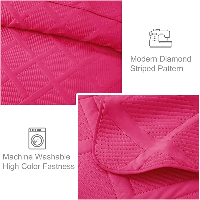 Exclusivo Mezcla Quilts Queen Size, Hot Pink | Soft Bedspreads with 2 Pillow Shams, Modern Striped Pattern, Lightweight Bedding Set Coverlets for All Seasons, 90x96 Inch