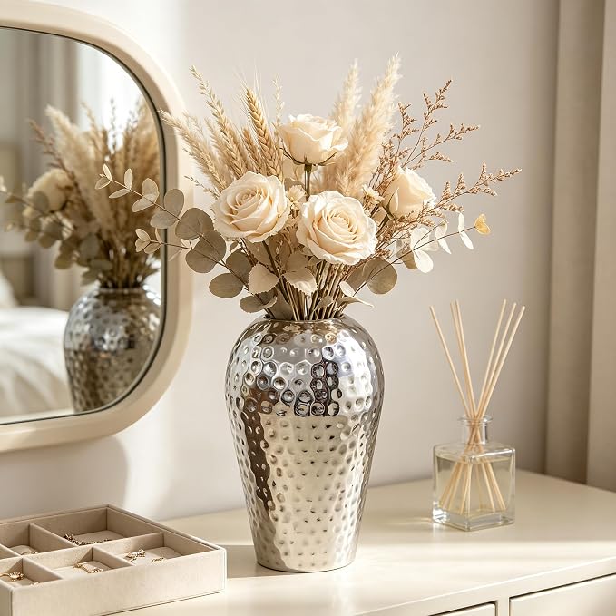 Hosley 10 Inch High Hammered Iron Vase - Handcrafted by Artisans Using Centuries-Old Hammer Pattern Techniques for Floral Arrangements Rustic Charm and Cultural Richness in Your Home Decor Embrace