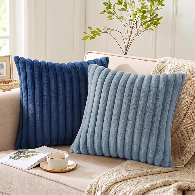 Pack of 2 Throw Pillow Covers 18x18 Decorative Solid Plush Faux Fur with Soft Velvet Back, Square Striped Cushion Cases Modern Farmhouse Home Decor for Living Room Couch Sofa Bed Serene Blue