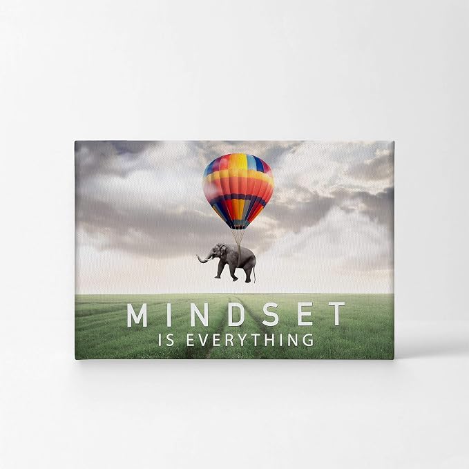Smile Art Design Mindset is Everything Quote Elephant with Balloon in Sky Motivational Wall Art Canvas Print Inspirational Wall Art Entrepreneur Quote Office Decor Artwork Gift Ready to Hang 15x22