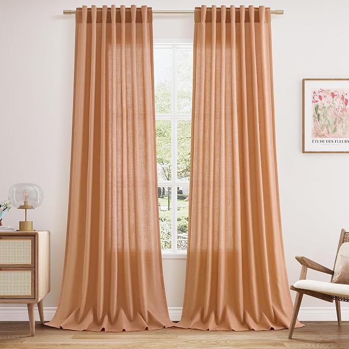 Peach Quartz Curtains 90 Inches Long 2 Panel Set Back Tab Rod Pocket Linen Blend Bohemian Semi Sheer Light Filtering Neutral Decor for Relaxing Bedroom and Charming Living Room 52x90