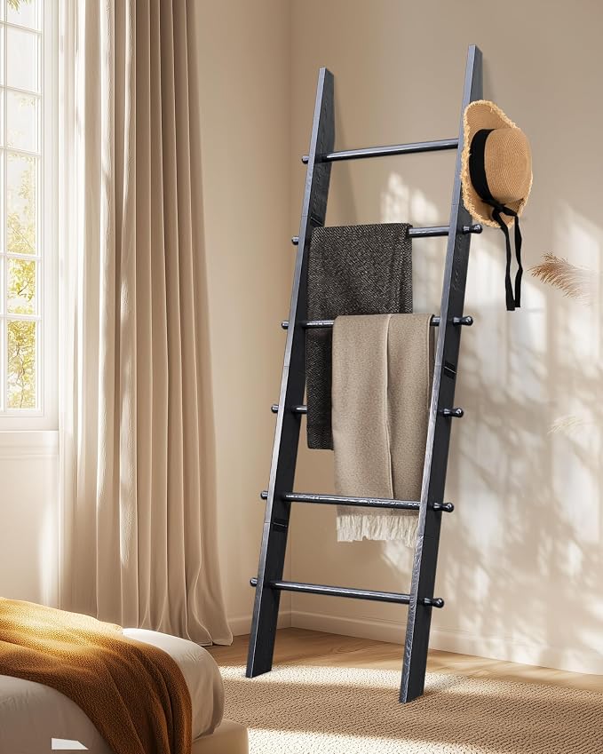 TEAKMAMA 6-Tier 5.4ft Blanket Ladder with Hanging Knobs Black | Farmhouse Wall Leaning Solid Wood Scratch & Slip Proof Quilt Rack, Living Room Bedroom Bathroom, Xmas Deco, Easy Setup