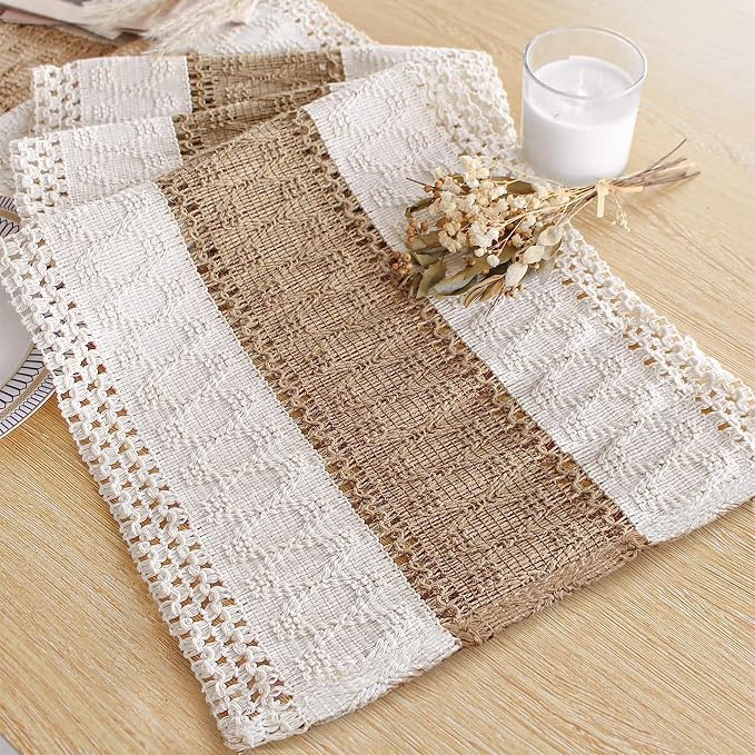 FEXIA Boho Table Runner for Fall Home Decor 12x36 Farmhouse Woven Runner | 36 Inches Long Farmhouse Kitchen Dining Room Macrame Burlap Table Decoration for Bridal Shower Pottery Barn Furniture