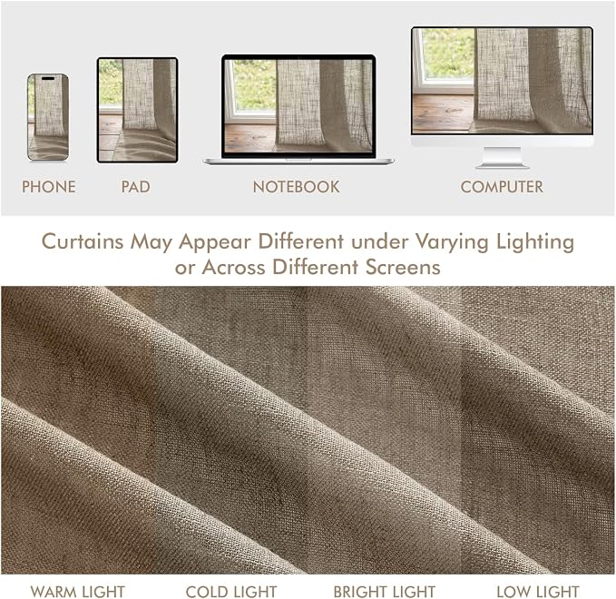 MIULEE Dark Taupe Back Tab Linen Curtains 4 Panels 42W x 108L | Linen material, light filtering, rod pocket back tab hanging, farmhouse decor for living room bedroom