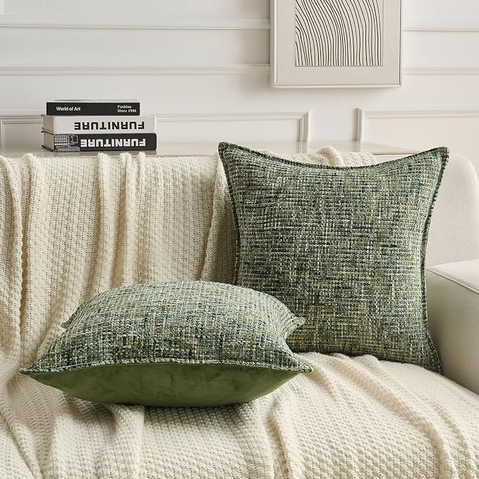 FUTEI Pack of 2 Chenille Tweed Vintage Throw Pillow Covers 22x22 Inch Soft Decorative Cushion Case Modern Farmhouse Accent for Couch Bed Living Room, Dark Green