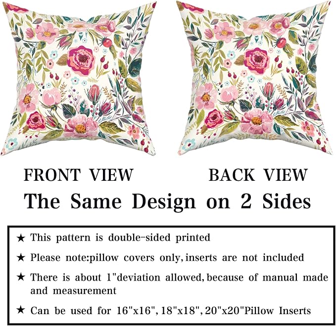 Spring Summer Flower Throw Pillow Covers 24x24 Inch Watercolor Peony Pillowcase Hot Pink Floral with Green Leaves Girly Decorative Square Cotton Cushion Cover Set of 2 for Home Garden Outdoor Bed