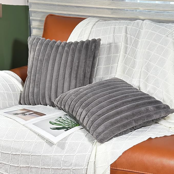 COTEY 16x16 Decorative Faux Fur Throw Pillow Covers Set of 2- Dark Gray