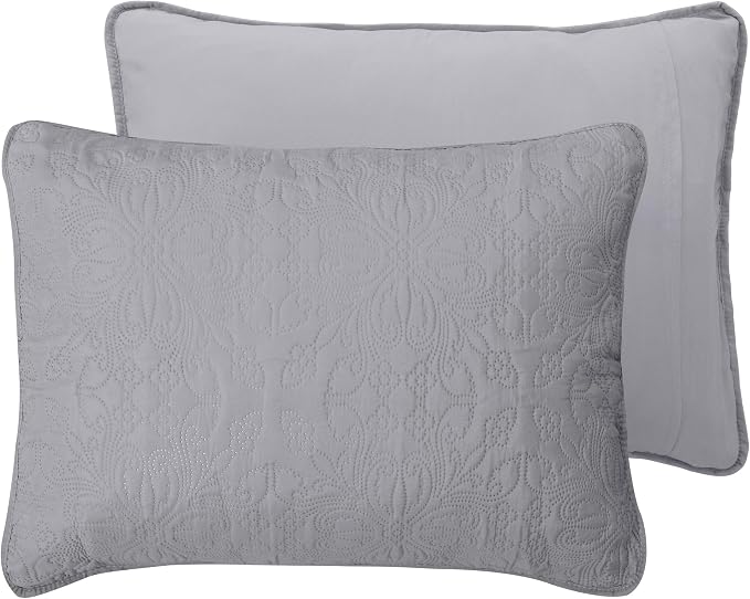 Easy-Going Reversible Quilt Set King, Bedspread with 2 Shams | Damask-Light Gray/Ivory, Lightweight Microfiber Bed Comforter, 1 Quilt + 2 Pillow Shams, All-Season Coverlets for Bedroom
