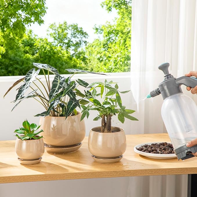 vancasso 3-Pack Ceramic Plant Pots, 3.7/4.8/6.2 Inch Indoor Planters with Saucers & Drainage Hole Planter pots for Indoor Plants and Flower, Brown