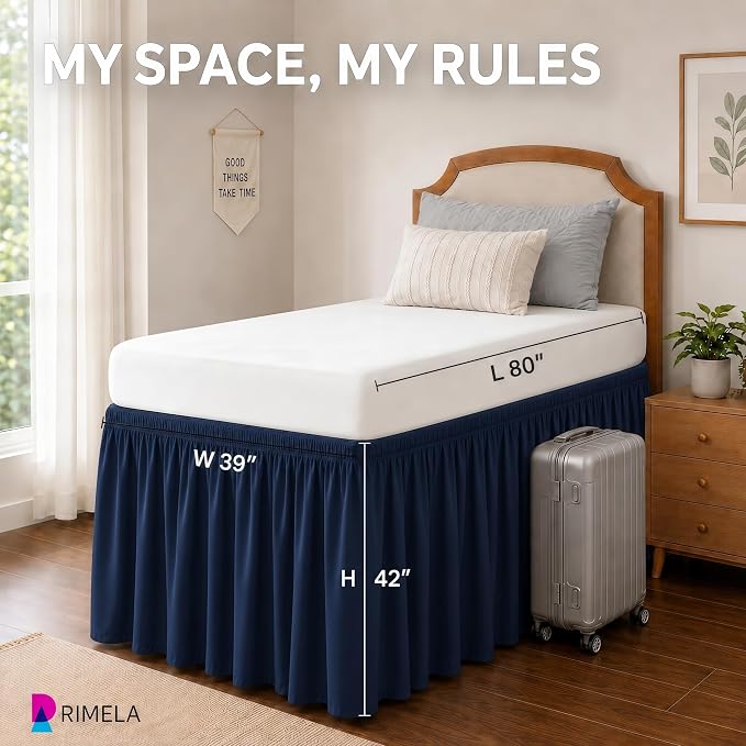 Dorm Room Bed Skirt Twin XL 42" Drop, College Split Corner Bedskirt, Navy | Solid ruffled, Wrap-around/elastic, Wrinkle & Fade resistant, with Adhesive Strips, Gift Packed, Machine Wash/Tumble Dry/Iron