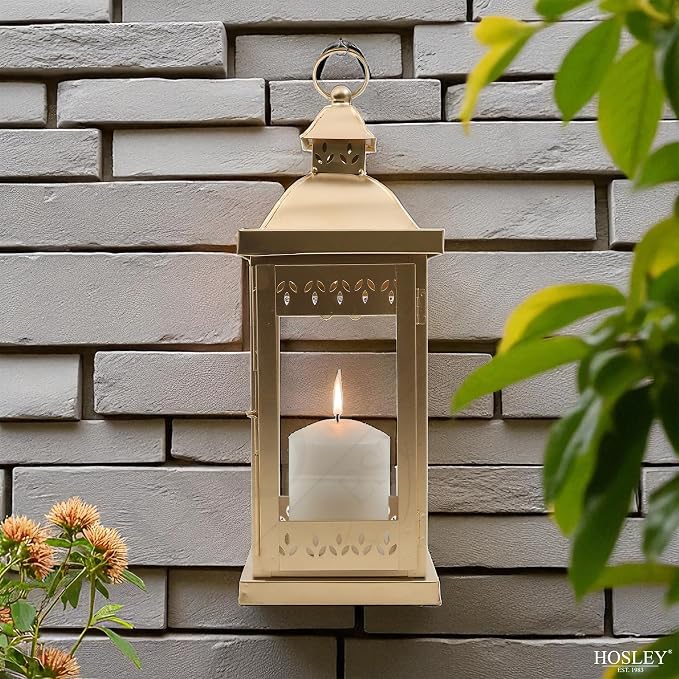 Hosley 15 Inch High Large Clear Glass Iron Classic Style Lantern Gold. Ideal Gift for Parties Weddings Aromatherapy and LED Spa Settings 05