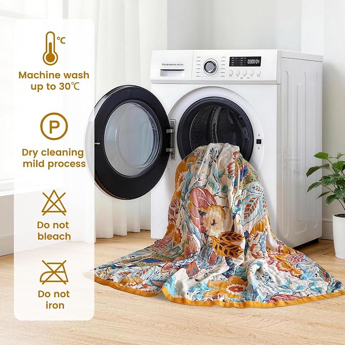MSGKV Boho Throw Blanket 50"x60" 100% Cotton Floral Muslin Throw for Couch | 100 Cotton Throw, Floral Pattern, Reversible Woven, Summer Breathable, Lightweight Comfort, Farmhouse Decor, Machine Washable