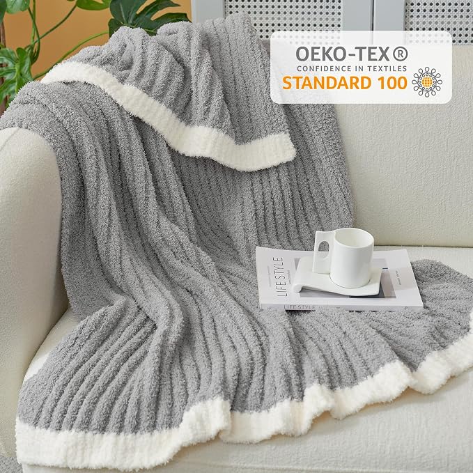 Snuggle Sac Soft Grey Throw Blanket for Couch, Microfiber Fluffy Knit Throws, Luxurious Fuzzy Blankets for Couch, Sofa, Travel, Grey, 50x60 inches