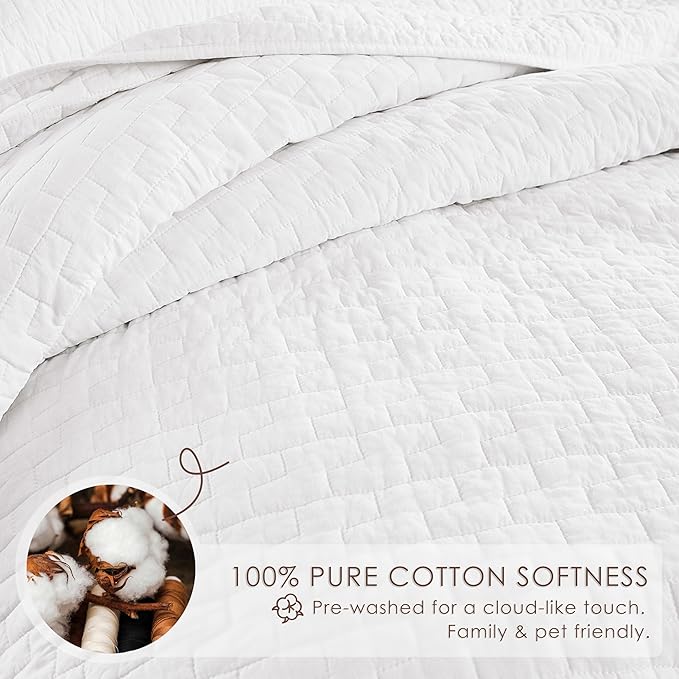 palassio White 100% Cotton Quilt California Cal King Size Bedding Sets with 2 Pillow Shams, Textured Oversized Lightweight Bedspread Shabby Chic Coverlet, Soft Bed Cover for All Season, 3 Pieces