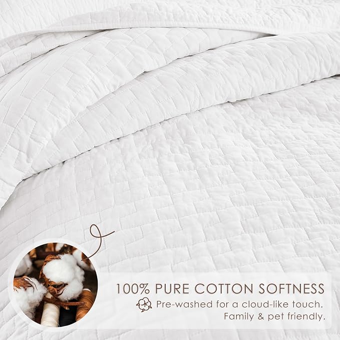palassio White 100% Cotton Quilt King Size Bedding Sets with 2 Pillow Shams, Textured Lightweight Soft Bedspread Shabby Chic Coverlet, Quilted Comforter Bed Cover for All Season, 3 Pieces