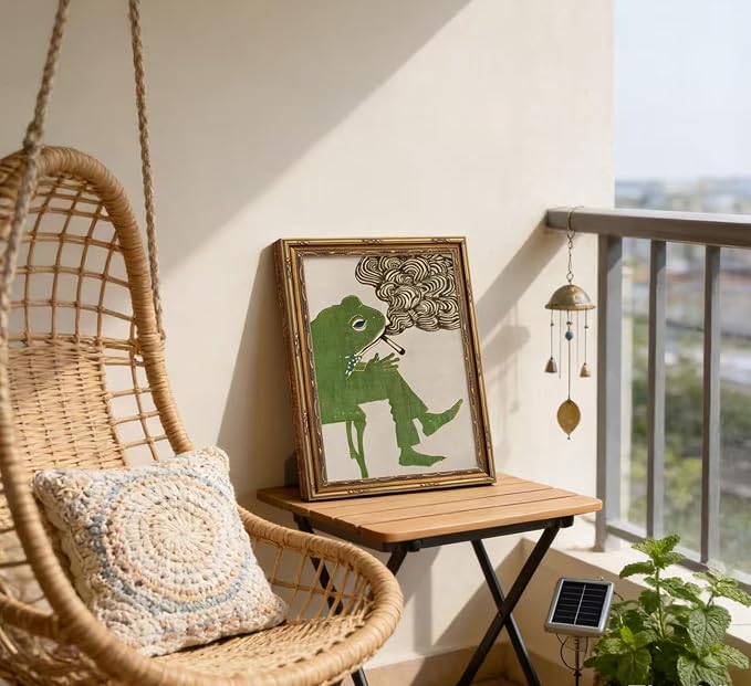 Vintage Gold Framed Bar Wall Art, Funny Green Frog Smoking Canvas Print, Abstract Whimsical Animal Painting Picture, Humor Retro Amphibian Poster Artwork for Kitchen Dining Room Living Room